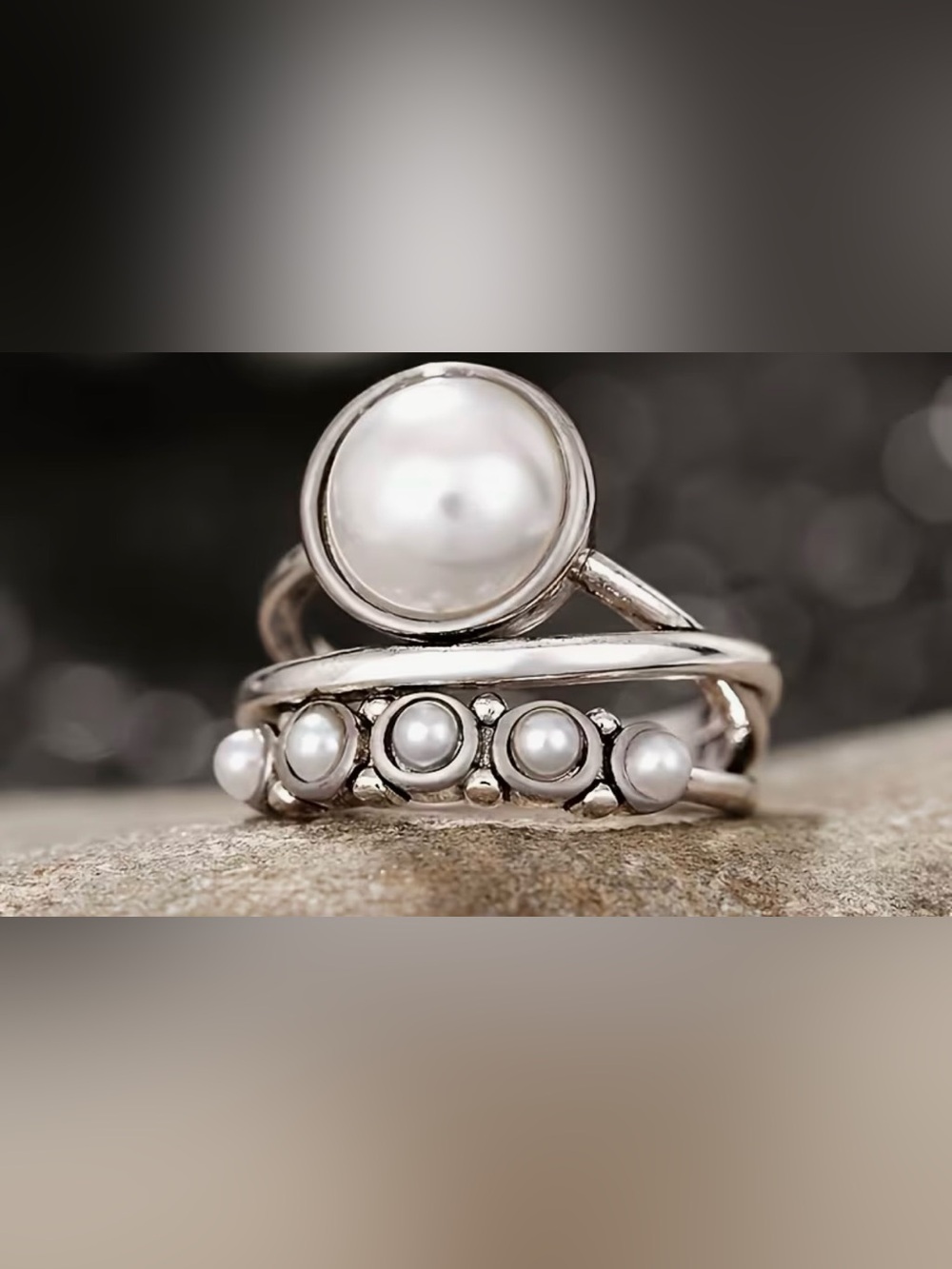 Source Unknown Silver Pearl Stack Ring - White Pearls